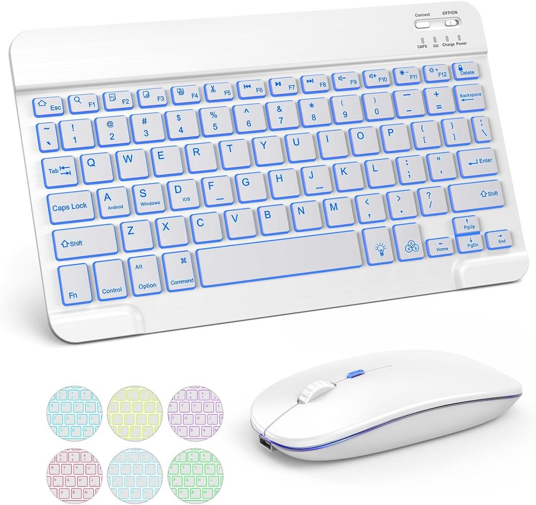 TECURS Bluetooth Keyboard and Mouse Combo for iPad, 7-Color Backlit Rechargeable Wireless Keyboard & Mouse Compatible with iPad 10th/9th/8th Gen, iPad Pro/Air/Mini and ipadOS 13 and Above (White Grey)