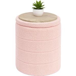 B FSOBEIIALEO Ottoman with Stroage, Round Sherpa Storage Ottoman Stool, Boucle Foot Rest 14.6"x14.6"x17.7"（Pink