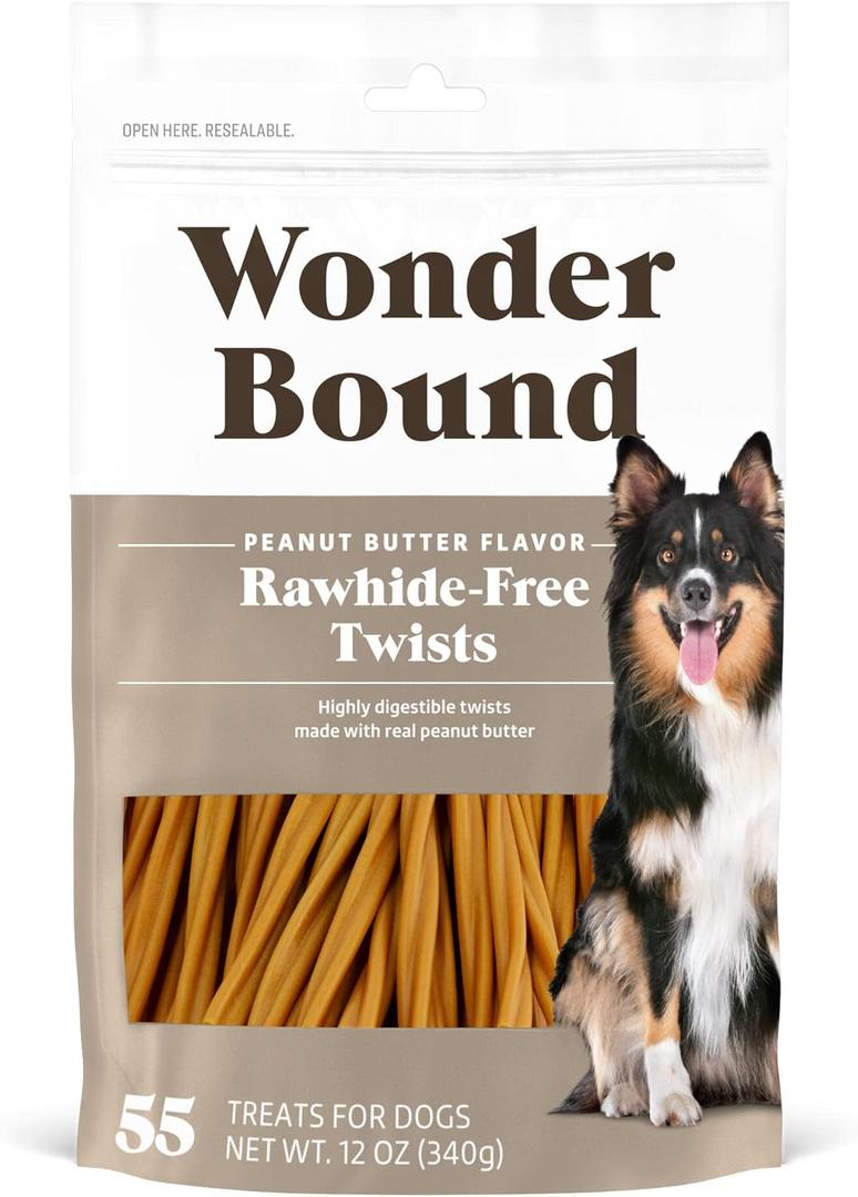 Wonder Bound Peanut Butter Flavor Dog Twist Sticks - 55 Count - Rawhide-Free Dog Treats, Dental Health Chews for Plaque & Tartar Control, Easy to Digest, Long-Lasting, Best By: 05/05/2027