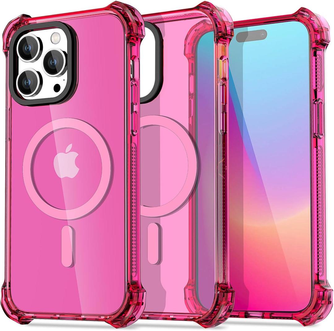 AICase Clear Neon Hot Pink Bounce Case Compatible with iPhone 15 Pro Compatible with MagSafe, Impact Shockproof Cute Girly Girl Women Protective Magnetic Magnet Mag Safe Hard Phone Cover