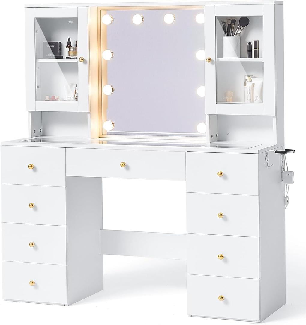 LINSY HOME Glass Top Vanity White Makeup Vanity with Mirror and Lights, 47" Make Up Vanitys Desk with Storage, 9 Drawers, 2 Cabinets and Outlet, Big Vanity Table for Bedroom, Women, Girls