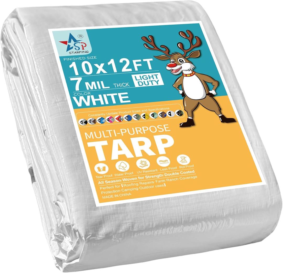 STARPYNG-7 Mil White 10x12 Feet Tarp-Multifunctional White Waterproof Tarpaulin-Waterproof, UV Resistant, Rip and Tear Resistant, Poly Tarpaulin with Reinforced Edges for Cover