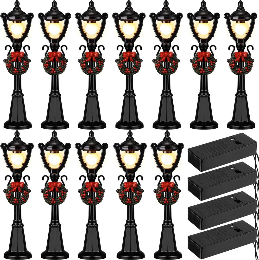 Treela Christmas Lamp Post Village Accessories Mini Street Lamp Dollhouse Streetlight Models Miniature Xmas Village Pathway Lantern Gifts for DIY Micro Landscape Garden Accessories(12 Pcs,Simple)