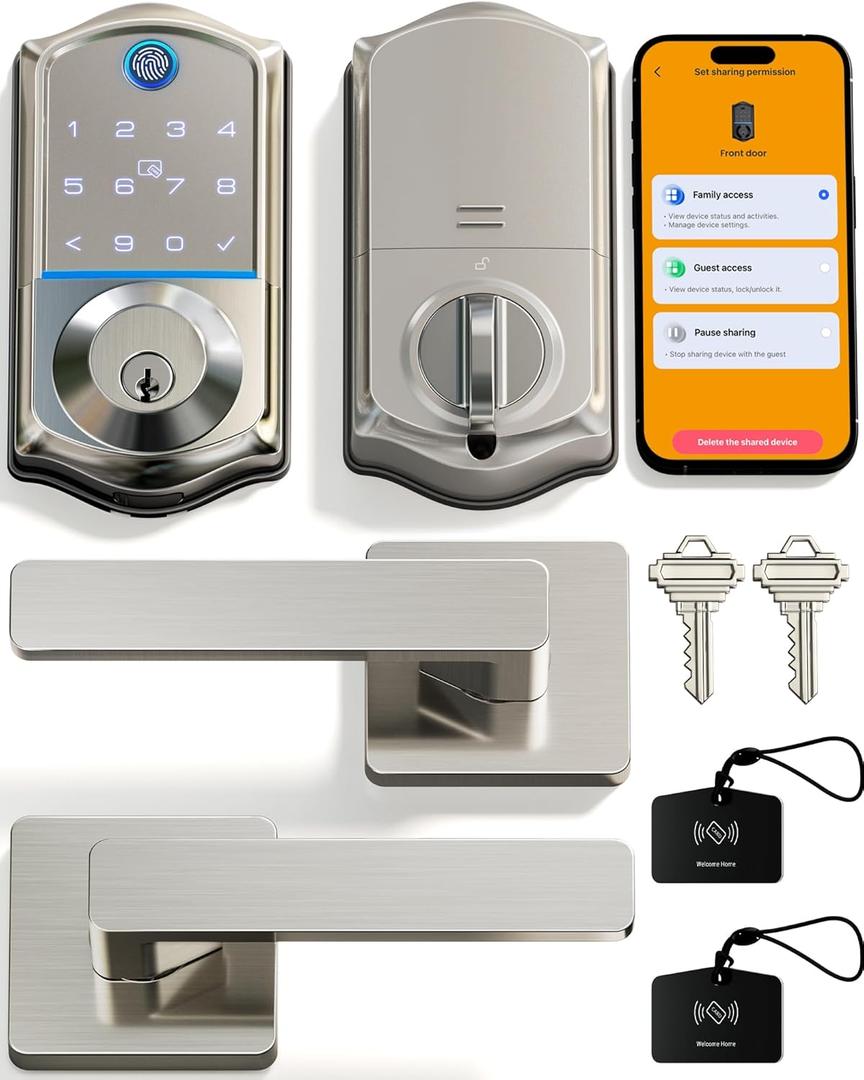 Veise VE017-B Fingerprint Smart Lock for Front Door, App Control, 8-in-1 Keyless Entry Deadbolt with 2 Zinc Alloy Lever Handles Set, Emergency Power Port, Auto Lock, Electronic Keypad, Satin Nickel