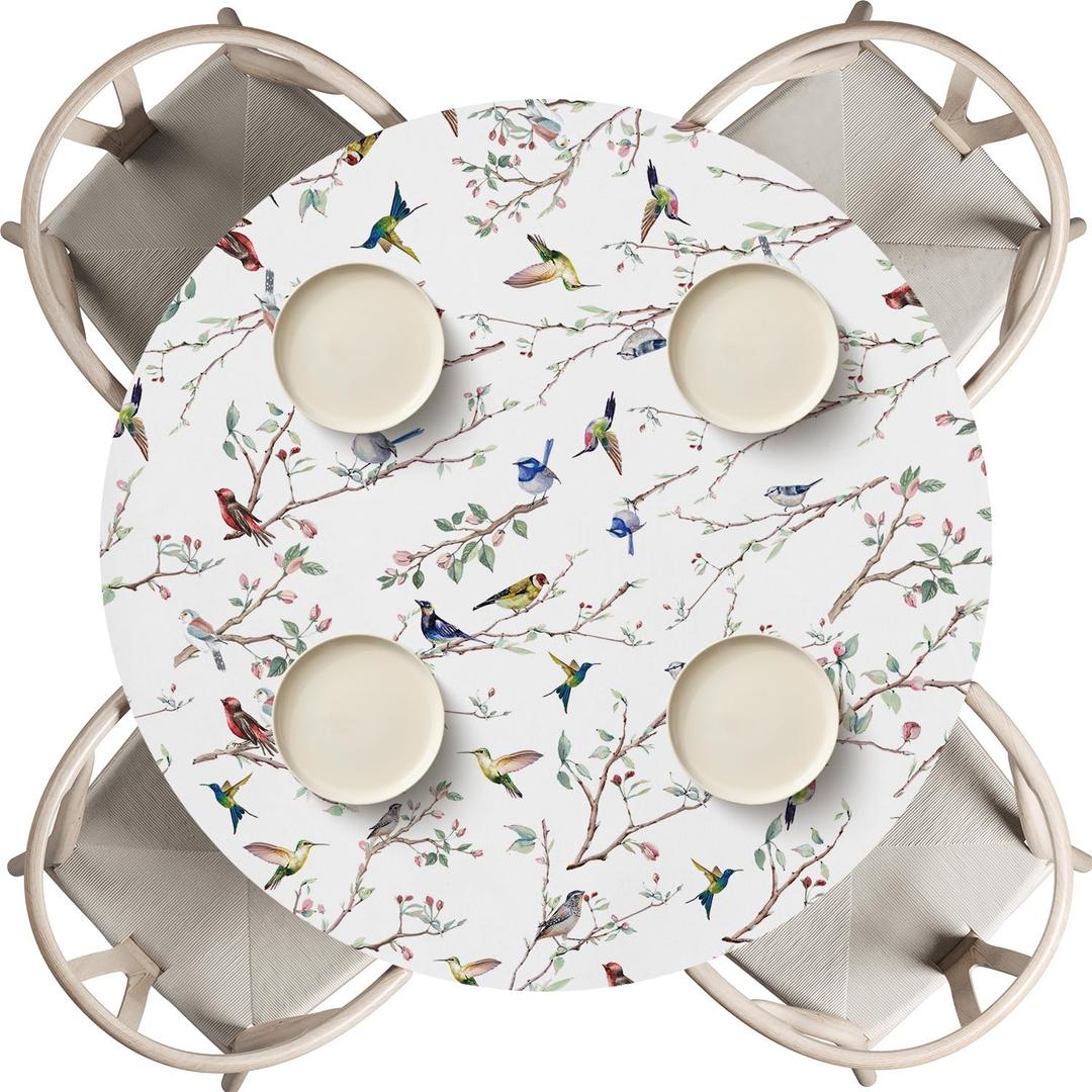 Horaldaily Spring Fitted Tablecloth 45"-56" Round, Spring Colorful Birds Branch Washable Table Cover Elastic Edged for Dinning, Picnic, Camping, Banquet