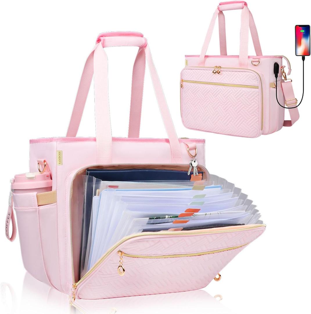 Teacher Tote Bag with Accordion File Organizer Pocket, Soft Nylon Utility Bag with 15.6 inch Laptop Compartment & USB Port, Large Work Tote Bag for Office Supplies Women (Pink)