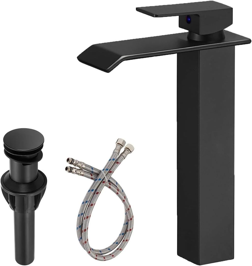 Black Bathroom Vessel Sink Faucet, Waterfall Bathroom Faucet, Vessel Faucet, Tall Body High 1 Hole Single Handle with Pop Up Drain Combo Lavatory Vanity Mixer Tap Commercial Basin Bowl Sink