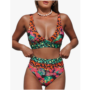 Hilinker Women's Leopard Bikini Swimsuits V Neck High Waisted 2 Piece Bathing Suits Size M
