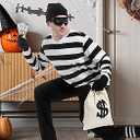 3 Pieces Halloween Costume Set, Men's Robber Costume Halloween Cosplay Burglar Accessories Striped Shirt for Adult,Size XL