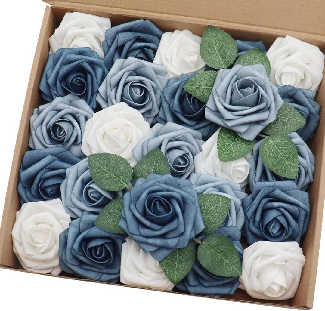 Artificial Flowers 25PCS Real Looking White & Dusty Blue Shades Fake Roses with Stem for DIY Wedding Bouquets Centerpieces Baby Shower Party Home Decorations