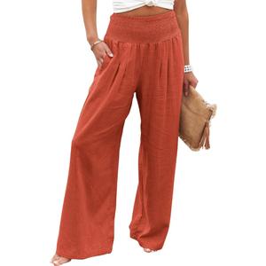 Vansha Women Summer High Waisted Cotton Linen Palazzo Pants Wide Leg Long Lounge Pant Trousers with Pocket (Orange, M)