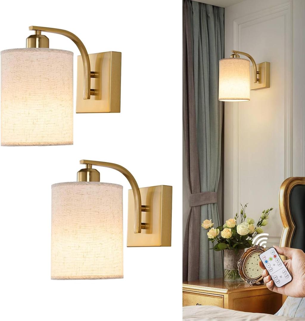 Powfloven Gold Rechargeable Wall Sconces Set of 2 with Remote, Wireless Battery Operated Dimmable LED Wall Lights, Cordless Wall Lighting Lamp Fixture for Bedroom Living Room