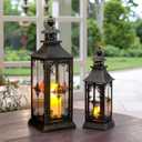 TRIROCKS Set of 2 Decorative Lanterns 21.5'' & 16" H Vintage Hanging Tower Lantern Metal Candle Holder with Tempered Glass for Indoor Outdoor Home Decor Parties Garden Wedding Patio