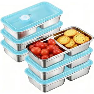6-Pack Stainless Steel Snack Containers with Lids, Reusable Grab and Go Containers, Dual Compartment Bento Box for Meal Prep, Travel, Work, Camping and Daily Use, Leak-Proof, Dishwasher-Safe (2 grid(6pack))