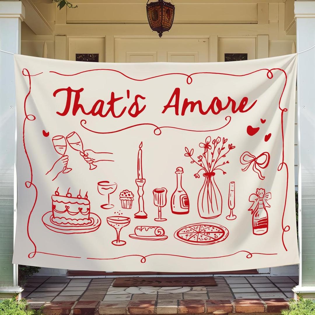 That's Amore Backdrop Italian Wedding Engagement Party Decoration Photography Background Banner Red Hand Drawn Photo Prop for Bachelorette Bridal Shower, 7 x 5 Ft