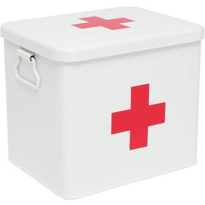 Metal Medicine Storage Tin,First Aid Kit Tin, First Aid Medicine Supplies Bin, First Aid Box with Removable Tray for Home Emergency Tool Set (White)