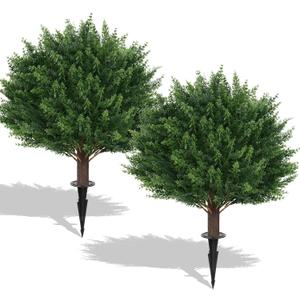 Artificial Cedar Topiary Ball Trees, 2 Set of 16'' UV Resistant Fake Evergreen Shrubs Bushes Plants with Ground Spike Fake Plants for Outdoor Indoor Front Porch Garden (Ceder)