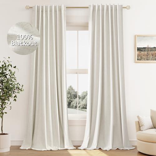 Guken Cream Linen Blackout Curtains 84 Inch Length 1 Panel Set for Living Room Bedroom Back Tab Thermal Insulated 100% Black Out Linen Drapes Room Darkening Window Curtains Ivory Natural