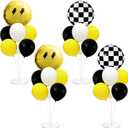 4 Sets Smile Party Balloons Stand Kit with Black White Checkered Foil Balloons Yellow Smile Face Themed Birthday Balloon Centerpiece for Tables for Girls Boys Birthday Baby Shower Party Decoration