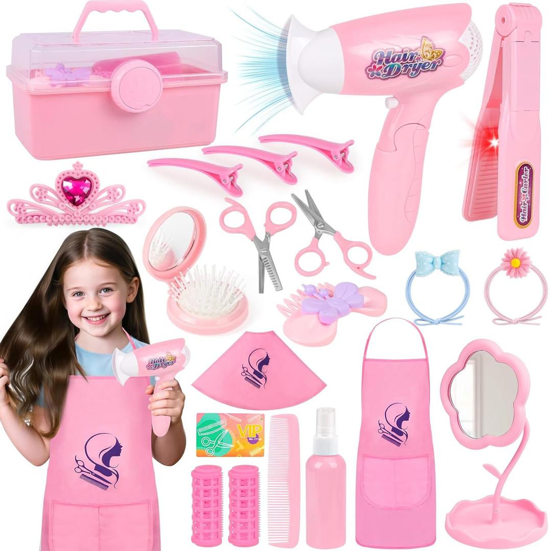 Hair Salon Toys for Girls, Kids Pretend Hair Styling Kit with Realistic Hairdryer, Straightener, Stylist Apron & Scissors Accessories, Beauty Makeup Set Christmas Birthday Gifts for Toddler 3 4 5 6+