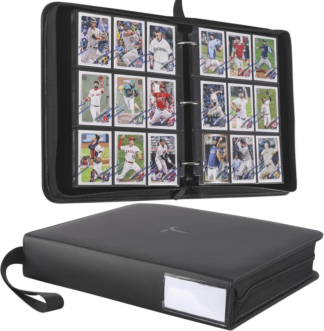 Premium Trading Card Binder,9 Pocket, Holds Up to 810 Cards with 45 Double-Sided Sleeves, Label Design with a Pen, Top Loading Card Collection Album Folder with Zipper for TCG,Sports Cards
