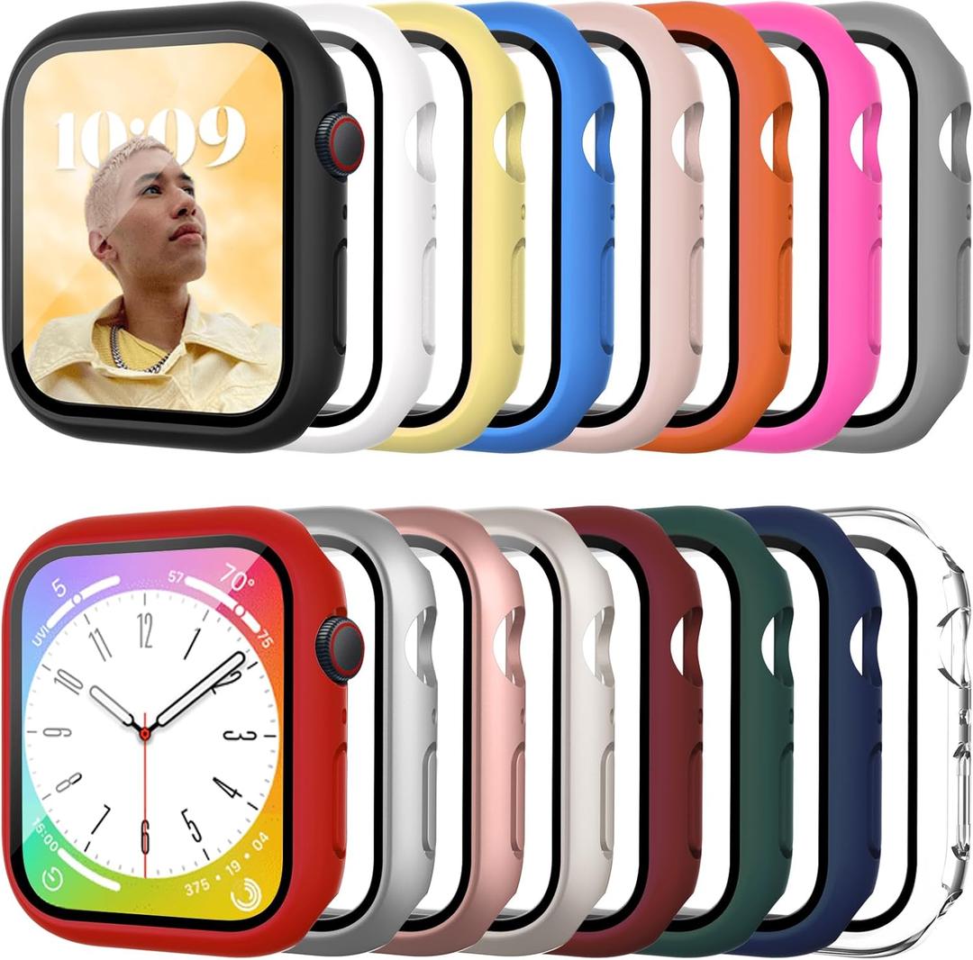 16 Pack Case for Apple Watch Series SE 3/SE 2/SE/6/5/4 44mm with Tempered Glass Screen Protector, Shockproof Hard PC Scratch Resistant Bumper Protective Cover Compatible with iWatch 44mm