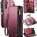 Defencase Compatible with Galaxy A15 5G Case Wallet with RFID Blocking Card Holder for Women Men, PU Leather Magnetic Snap Flip Zipper Strap Wallet Phone Case Fit for Samsung Galaxy A15 5G, Wine Red