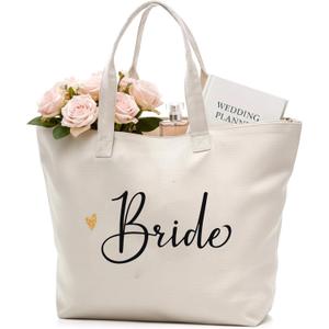 CARAKNOTS Bride Tote Bag for Wedding Large Natural Canvas Wedding Essential Bag with Zipper and Pocket, Bridal Shower Gifts for Bride to be, Bachelorette, Engagement Honeymoon Beach Shoulder Bag