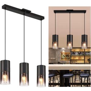 Black Kitchen Island Pendant Light Industrial Black Glass Pendant Lamp 3*E26 Bulbs Farmhouse Chandelier Fixtures with 59" Adjustable Cord