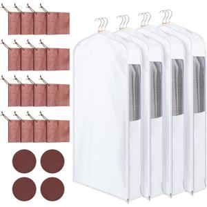 4 Sets Cotton Garment Bag for Hanging Clothes and Storage with Cedar Blocks for Fresh Smell and Moth Protection Sandpaper for Suit Fur Coat Jacket Sweater (40 x 24 x 6 Inch,White)