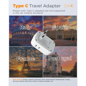 1 Pack European Plug Adapter USB C, TESSAN US to Europe Adapter 4 Outlets 3 USB Charger, Type C International Power Adaptor to Italy Spain France Portugal Iceland Germany, Europe Travel Essentials