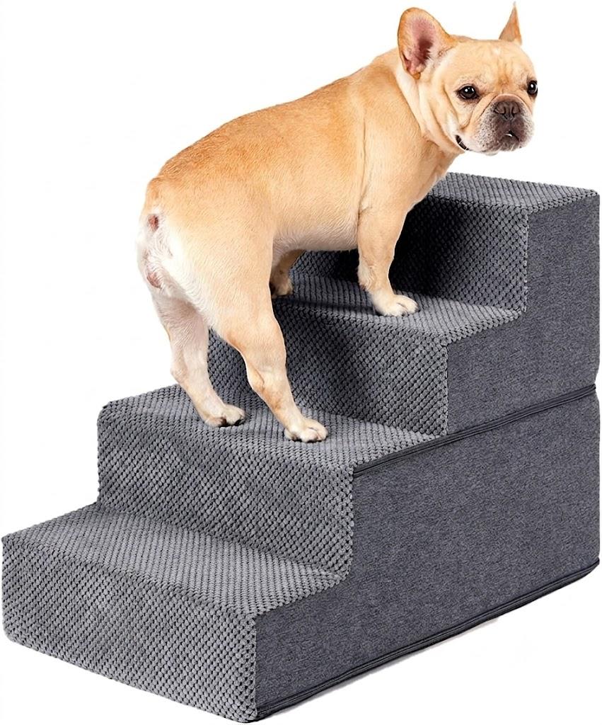 Dog Stairs for Bed, 4-Step Dog Steps for High Bed, Pet Steps for Small Dogs and Cats, Non-Slip Balanced Pet Ramp Indoor, Grey, 15"Wx18"Hx24"L