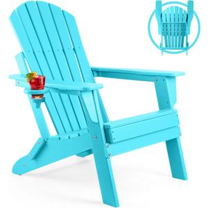 FUNBERRY Folding Adirondack Chair, All Weather HDPE Fire Pit Chairs with Cup Holder for Outdoor (1 Pack, Aruba Blue)