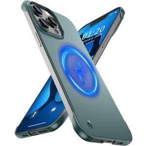 GRECAZO Magnetic Ultra Thin Frosted Designed for iPhone 13 Pro Max Frameless Case 6.7 inch [Compatible with MagSafe] Slim Minimalist Lightweight Matte Hard Cover Protective Borderless Case- Dark Green