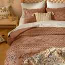 Tufted Boho King Size Comforter Set, 3 Pieces Burnt Orange Boho Bed Set, Farmhouse Shabby Chic Embroidery Bedding for All Seasons, Soft Jacquard King Bedding Set with Comforter  2 Pillow Shams