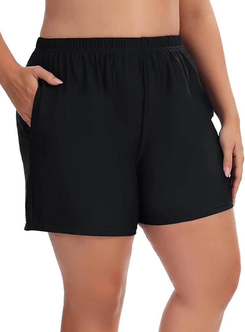 Women's Plus Size Swim Shorts High Waisted Bathing Suit Bottoms Long Swimsuit Board Short Tankini Trunks with Pocket (2XL, Black)
