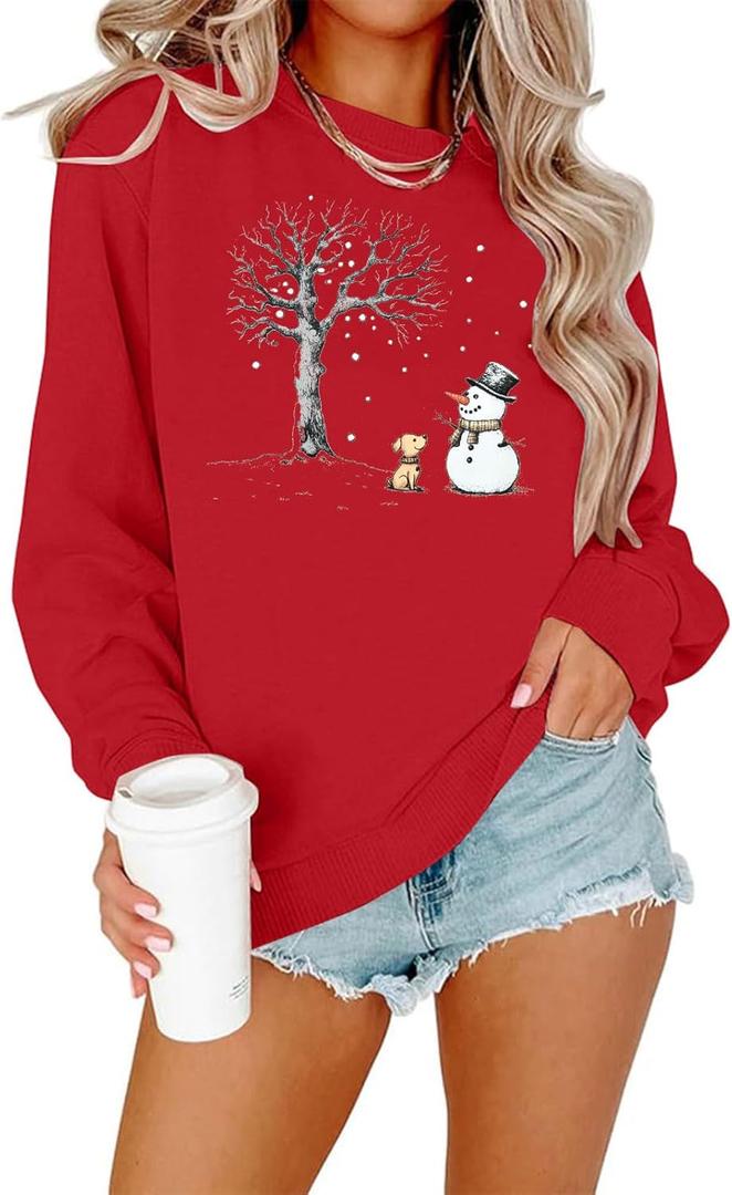 EGELEXY Snowman ShIirt for Women Christmas Snowman Sweatshirts Christmas Tree Outfits Merry Lightweight Pullover Tops (Red, L)