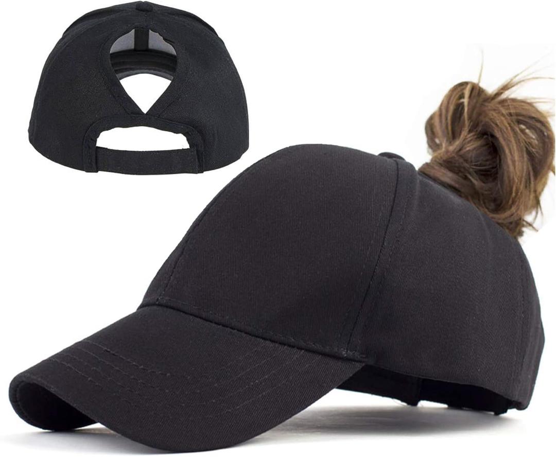 Woman-Ponytail-Baseball-Cap with Adjustable Fastener - Breathable Cotton Outdoor Summer Sun Hat for UV Protection (Medium, Black)