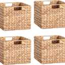 12X12X10in Water Hyacinth Storage Baskets, Wicker Storage Cubes Set of 4, Foldable Wicker Baskets for Pantry Organization, Square Baskets for Shelves