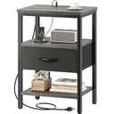 SUPERJARE Nightstand with Charging Station, Bed Side Table with Adjustable Fabric Drawer, Night Stand for Bedroom, 3-Tier Storage End Table, for Living Room, Charcoal Gray