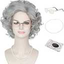 MISS U HAIR Old Lady Wig and Accessories Grandma Granny Costume Wig Short Curly Grey Cosplay Wigs Halloween Party