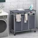 LINZINAR 3 Bag Laundry Basket Sorter Heavy Duty Rolling Lockable Wheels Laundry Hamper Cart with Ironing Board and Removable Bags, Grey