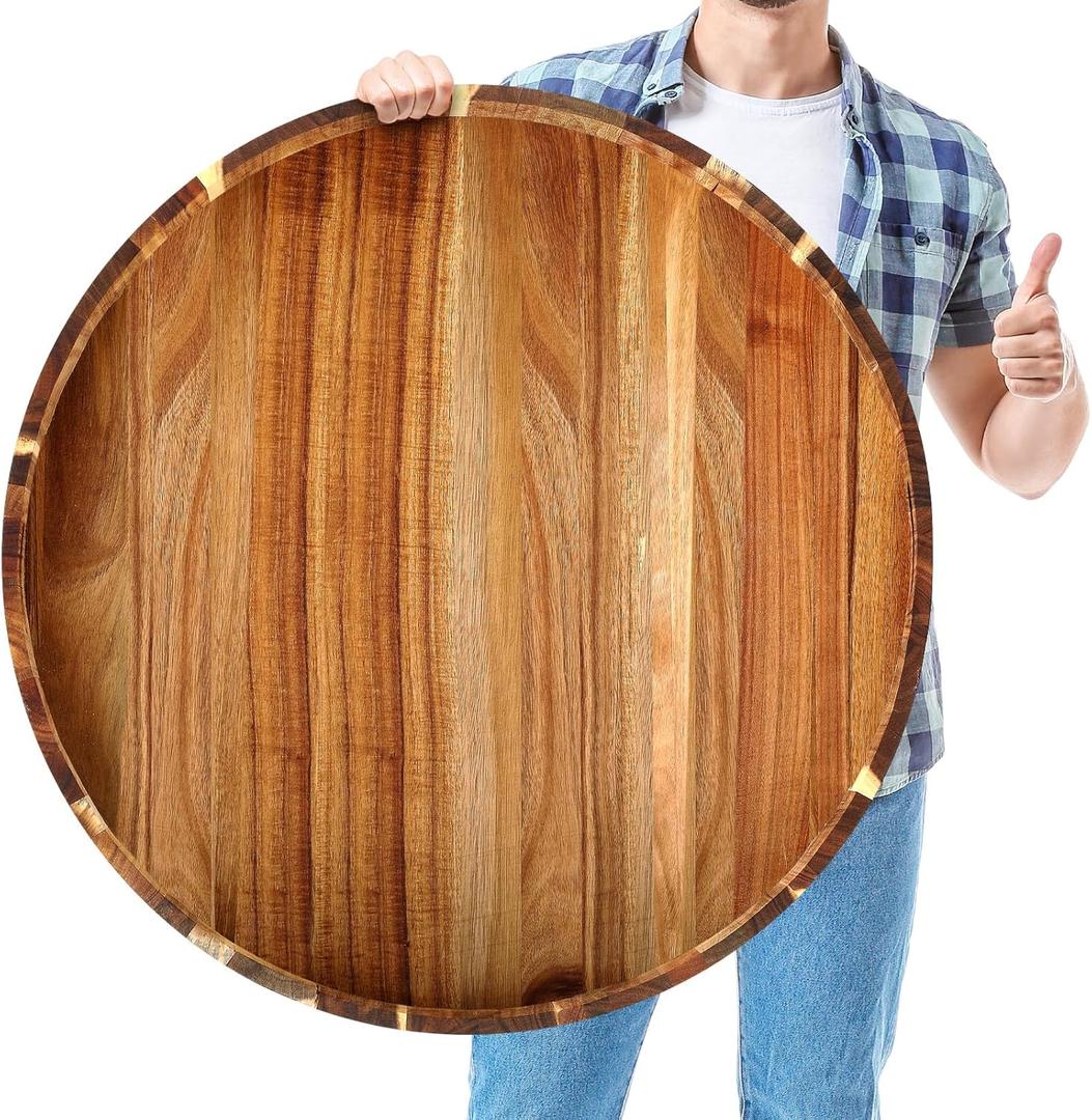 Blushtier 28in Extra Large Round Ottoman Tray with Handles Solid Circle Acacia Wood Decorative Serving Tray Oversized for Living Room, Coffee Table, Breakfast in Bed Tea Fruit