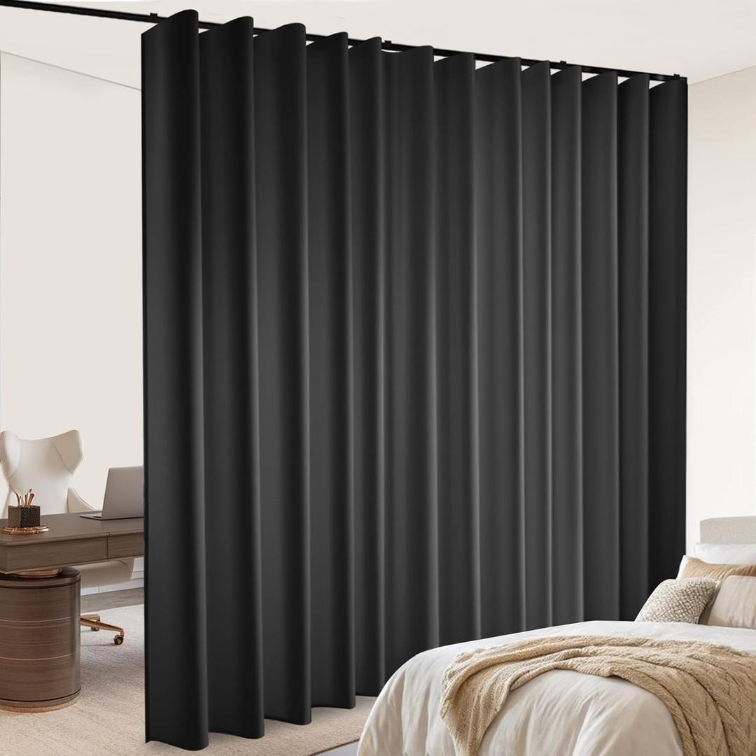 Room Divider Blackout Curtains Flexible Sliding Tracks Sets Ceiling Mounted Rod Window Curtain Privacy Separation for Bedroom Living Rooms,1 Panel Black Drape and Black Track Set-W180xH84 in