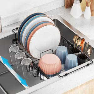 iSPECLE Expandable in Sink Dish Drying Rack with Cup Holder - Rust Resistant Adjustable Over The Sink Dish Drainer with Tightening Knob, Arms with Non Slip Rubber, Fits Sink 12.4"-17.1", Black, Medium