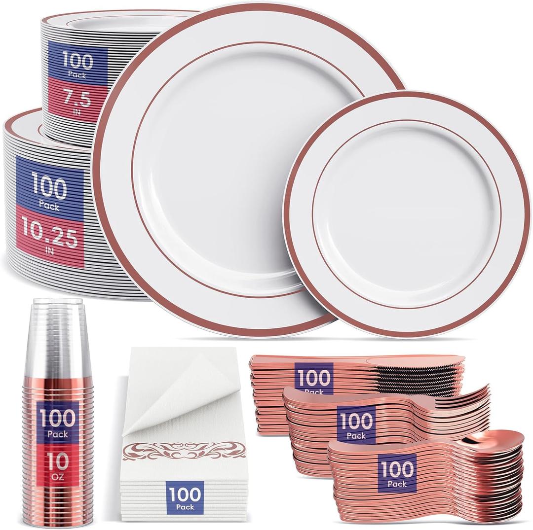 700 Count Rose Gold Dinnerware Set-200 Rose Gold Plastic Plates-300 Plastic Silverware-100 Cups-100 Disposable Hand Towel-Disposable Dinnerware for Halloween, Christmas,Thanksgiving