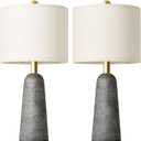 BOBOMOMO 21" Modern Table Lamps Set of 2, Gray Resin Lamp with Stone Look, Small Bedside Lamps for Bedroom, Contemporary Nightstand Lamps with Linen Shades, Small Lamp for Nursery, Entryway