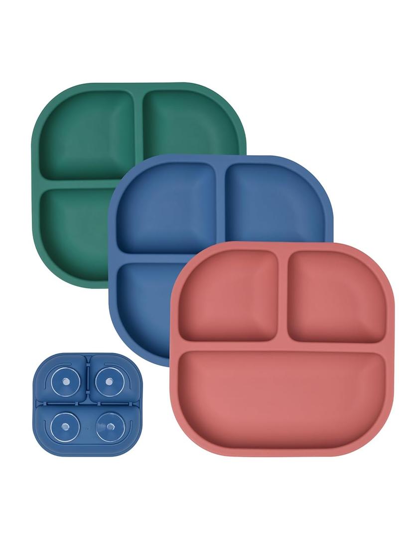 BABELIO Powerful Suction Plates for Baby and Toddler, 100% Food Grand Silicone, Divided, BPA Free, Microwave & Dishwasher Safe, Stay Put, 3 Pack (1-Blue/Matcha Green/Red)