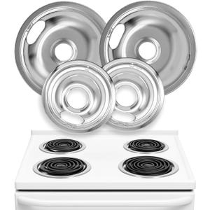 Electric Stove Drip Pans Set of 4 (2 x 6-Inch & 2 x 8-Inch) Stove Drip Pans for Electric Stove for Whirlpool, Maytag, KitchenAid & More - Compatible with W10196405 & W10196406 Stove Burner Drip Pan (Silver)