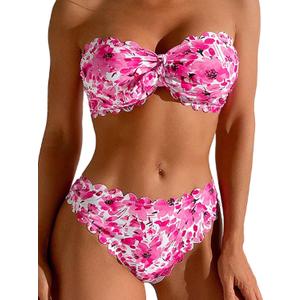 Women's Two Piece Strapless Tube Top Mid Waist Bottom Bikini Set Sexy Bathing Swimsuits (Medium, Rose Red Floral)
